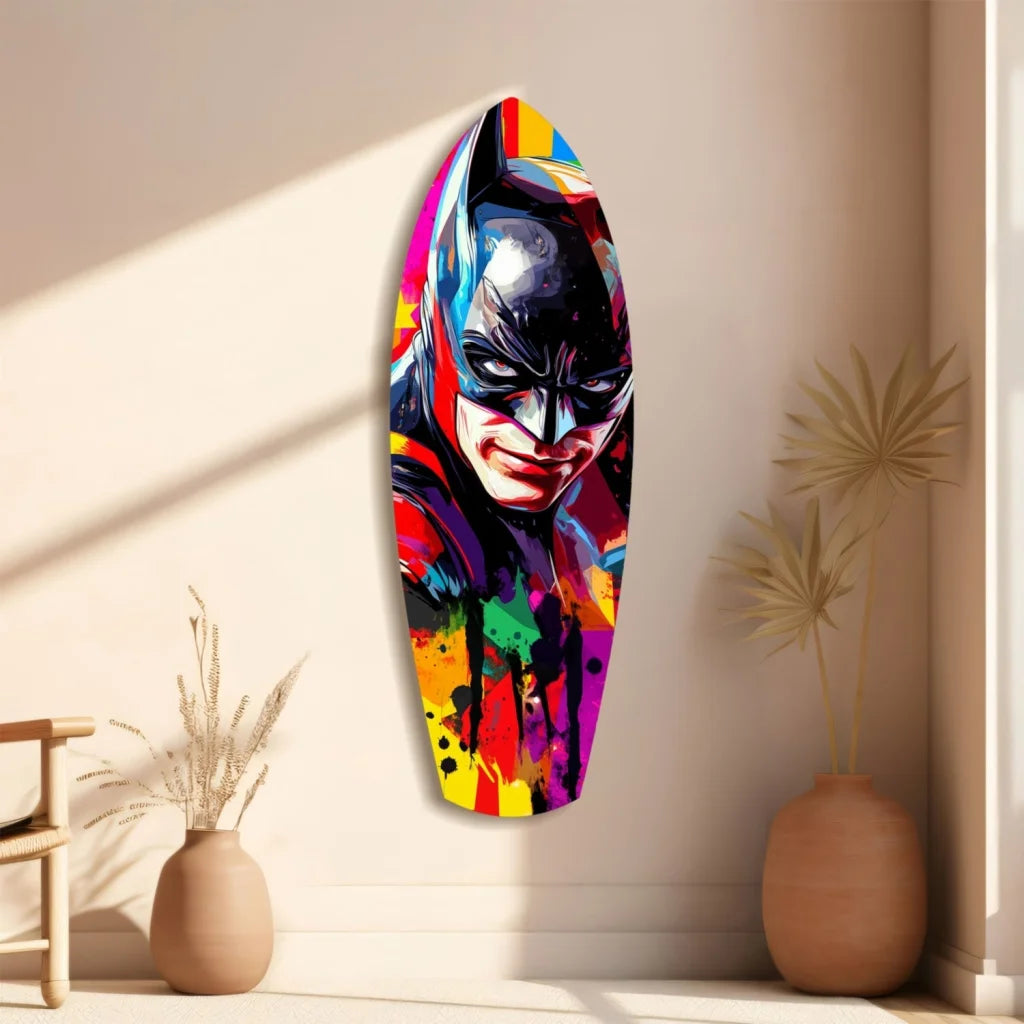 Vibrant Batman surfboard tempered glass art in pop colors