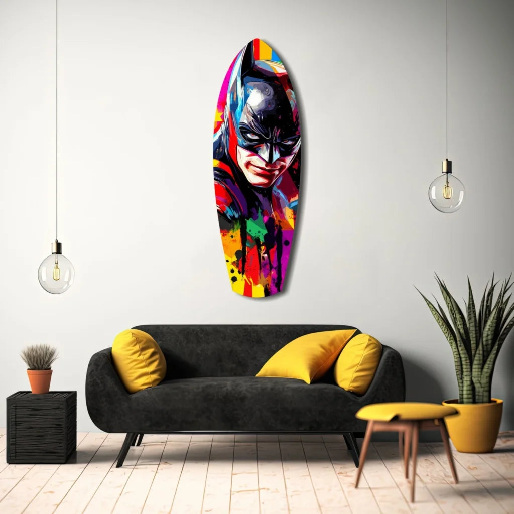 Vibrant abstract Batman portrait on tempered glass art surfboard canvas