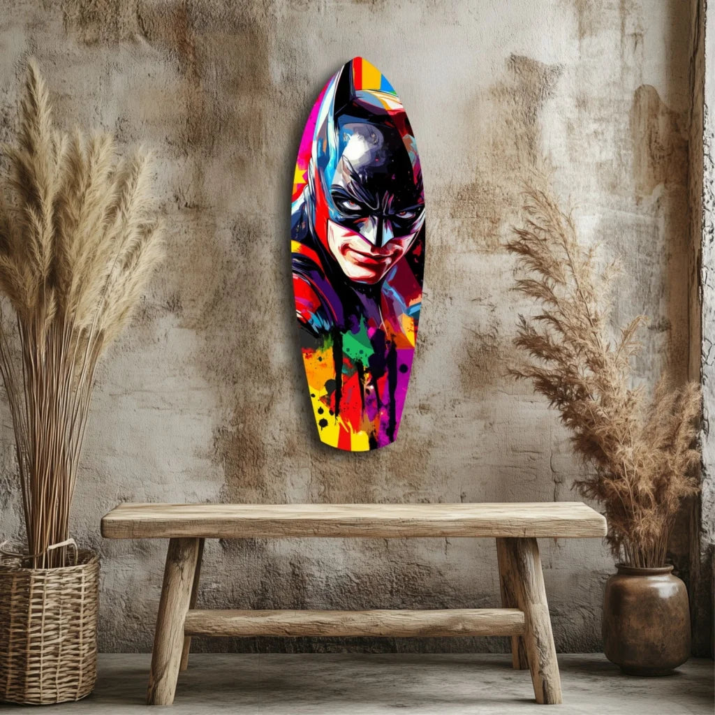 Vibrant Batman surfboard tempered glass art with bold pop colors