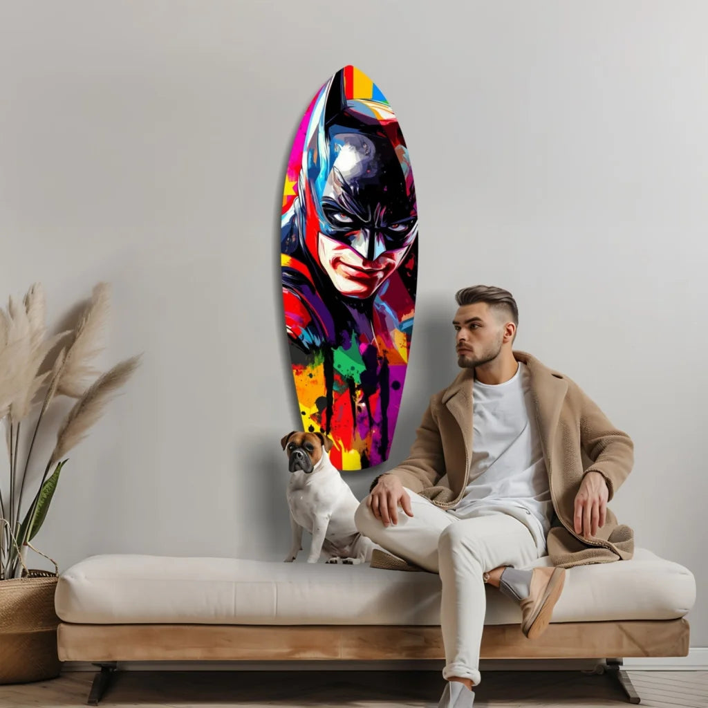 Vibrant Batman surfboard tempered glass art with bold pop colors