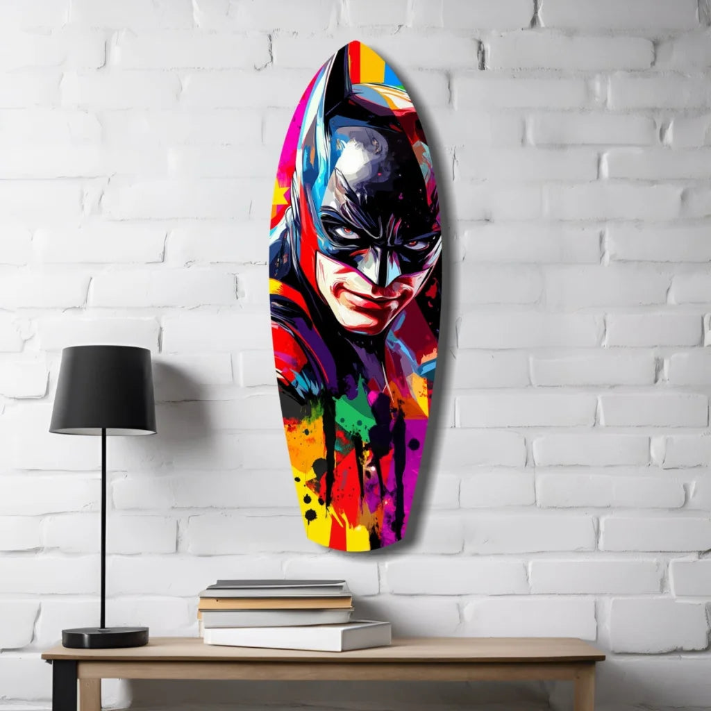 Vibrant pop-art Batman portrait on surfboard tempered glass art