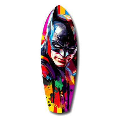 Vibrant Batman tempered glass art surfboard with bold pop colors