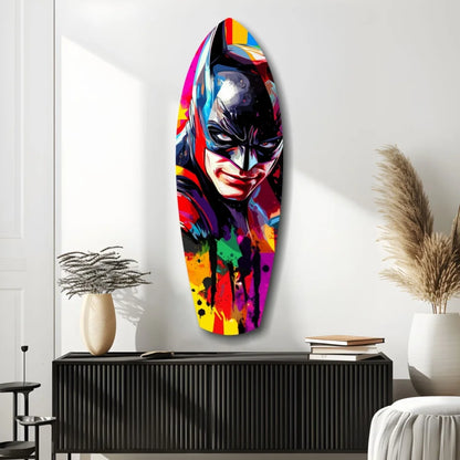 Vibrant Batman tempered glass art on surfboard canvas with bold pink splashes