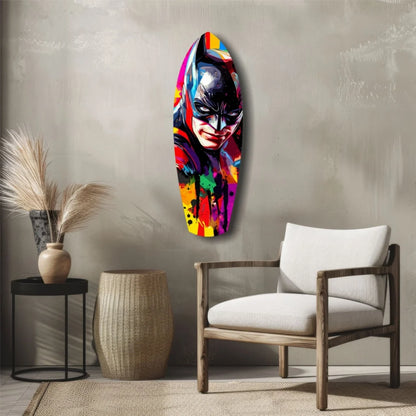 Vibrant Batman tempered glass art in surfboard shape with bold colors