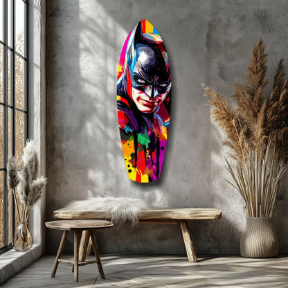 Vibrant Batman surfboard tempered glass art with rainbow splashes