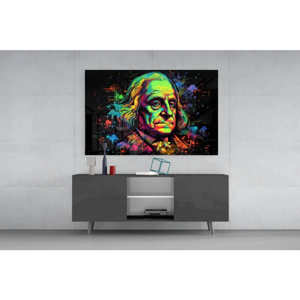 Modern black entertainment center under Vibrant Benjamin Franklin wall art