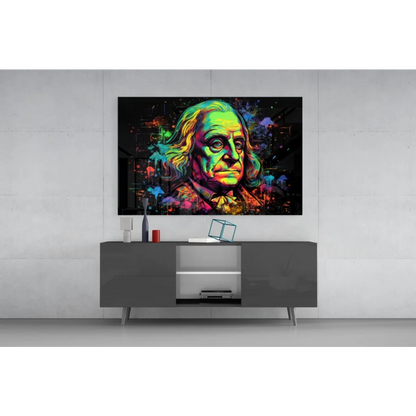 Modern black entertainment center under Vibrant Benjamin Franklin wall art