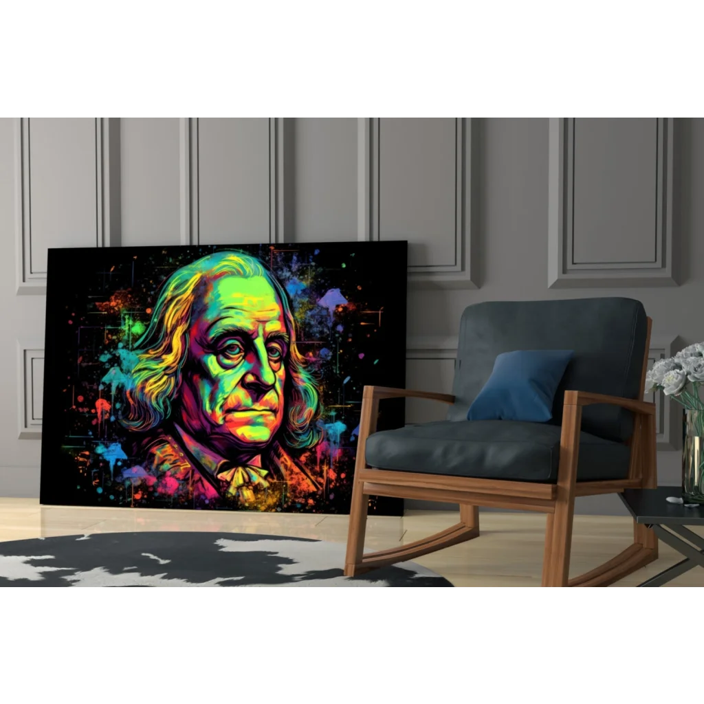 Vibrant neon Benjamin Franklin portrait canvas wall art