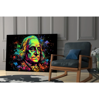 Vibrant neon Benjamin Franklin portrait canvas wall art