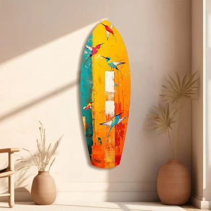 Vibrant bird surfboard tempered glass art with colorful birds and abstract design