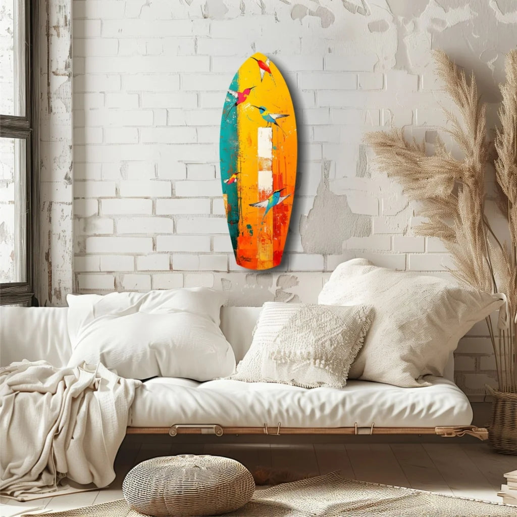 Vibrant bird surfboard tempered glass art with tropical birds on gradient background