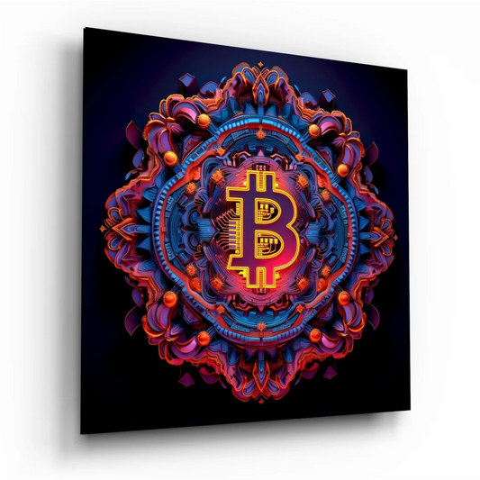 Vibrant Bitcoin Mandala tempered glass art with size comparison