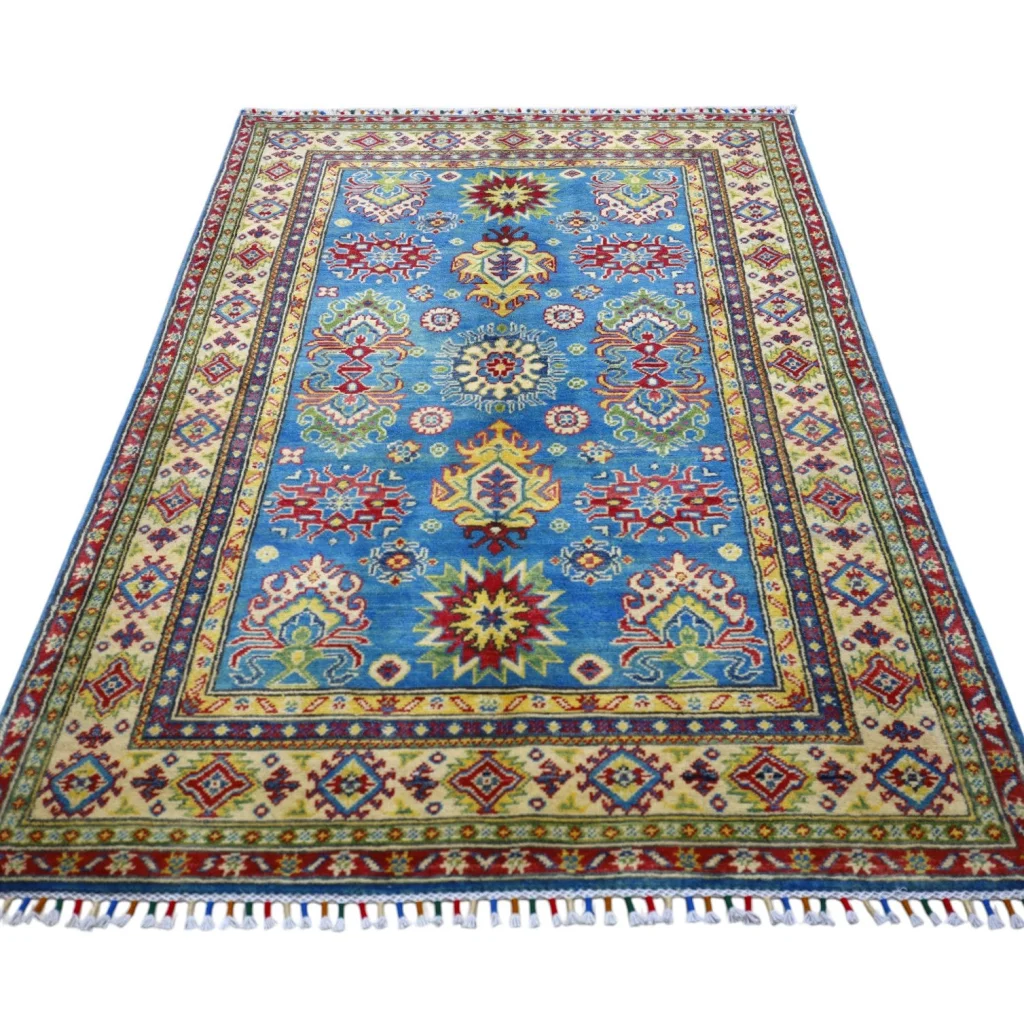 Vibrant blue Afghan Kazak rug with cotton foundation and colorful patterns