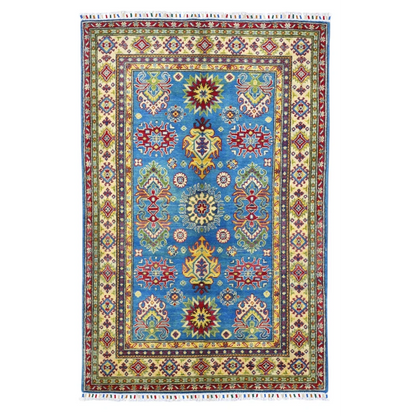 Vibrant blue Afghan Kazak rug with cotton foundation and geometric floral patterns