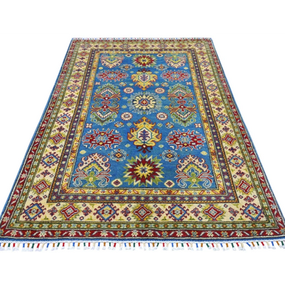 Vibrant blue Afghan Kazak rug with cotton foundation, geometric floral patterns