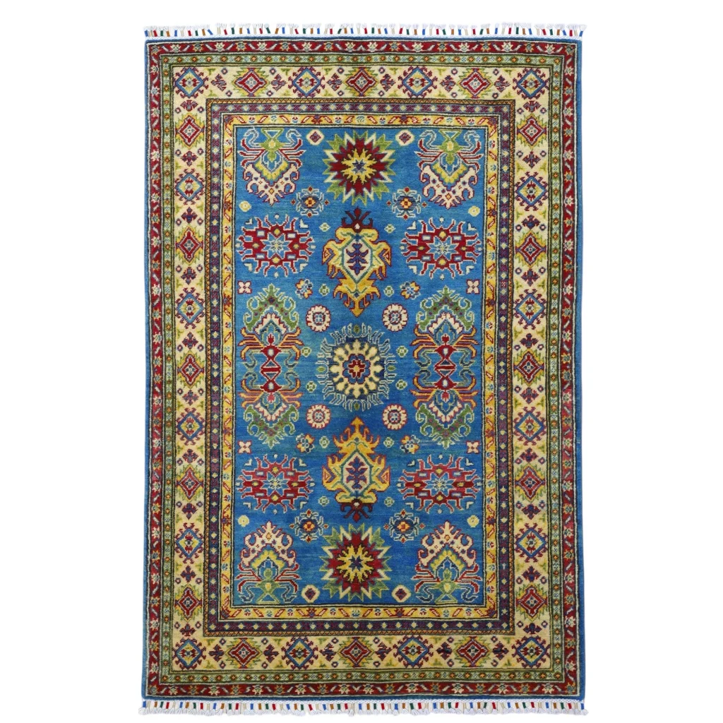 Vibrant blue Afghan Kazak rug with cotton foundation and geometric floral patterns