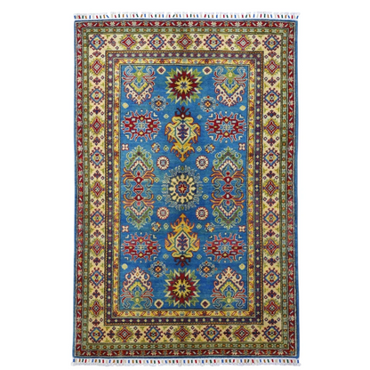 Vibrant blue Afghan Kazak rug with cotton foundation and geometric floral patterns