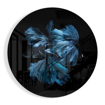 Vibrant blue betta fish with flowing fins on tempered glass art