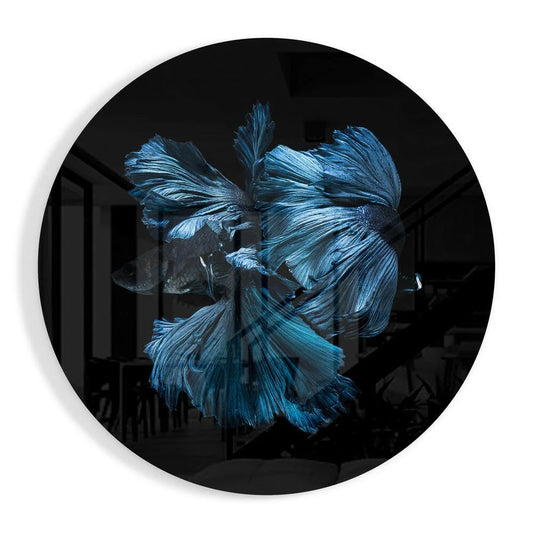 Vibrant blue betta fish with flowing fins on tempered glass art