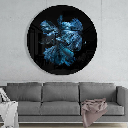 Vibrant blue betta fish tempered glass art for walls with size comparison