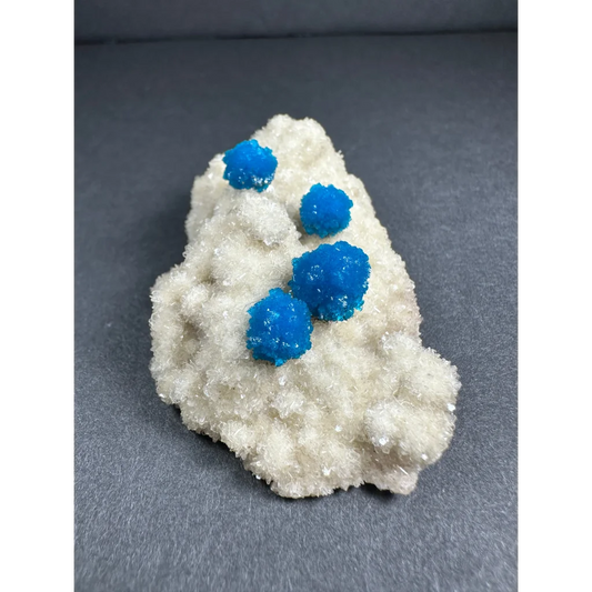 Vibrant blue Cavansite balls on white Stilbite matrix from India