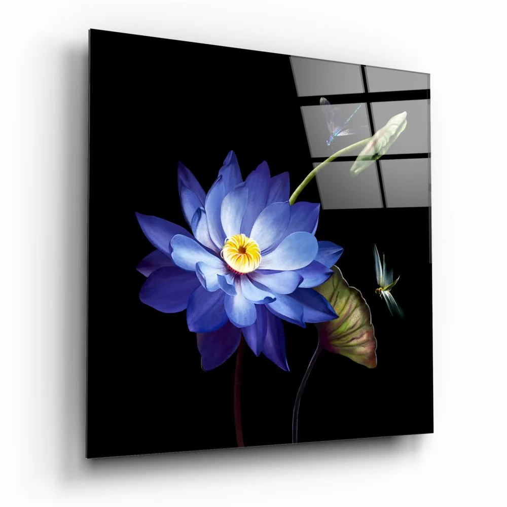 Vibrant blue lotus tempered glass art on black panel with size comparison