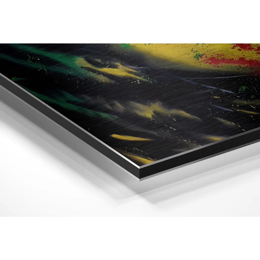 Vibrant black and green Bob Marley abstract art print on brushed aluminium dibond