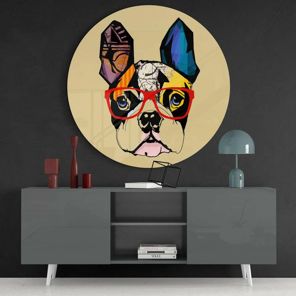 Vibrant Boston Terrier tempered glass art coaster with colorful crystals, red glasses and blue gems