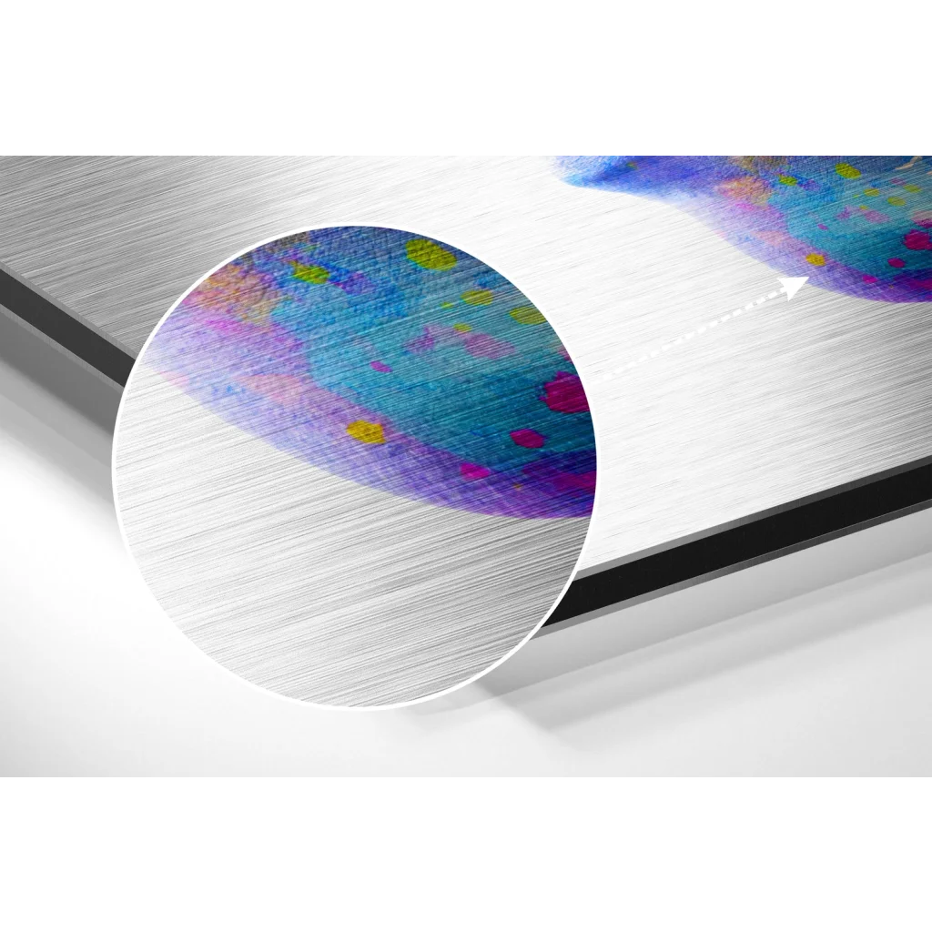 glass wall art Vibrant brushed aluminium dibond wall art with colorful speckles