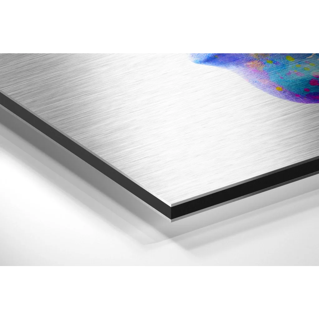 Vibrant brushed aluminium dibond wall art with colorful abstract speckles