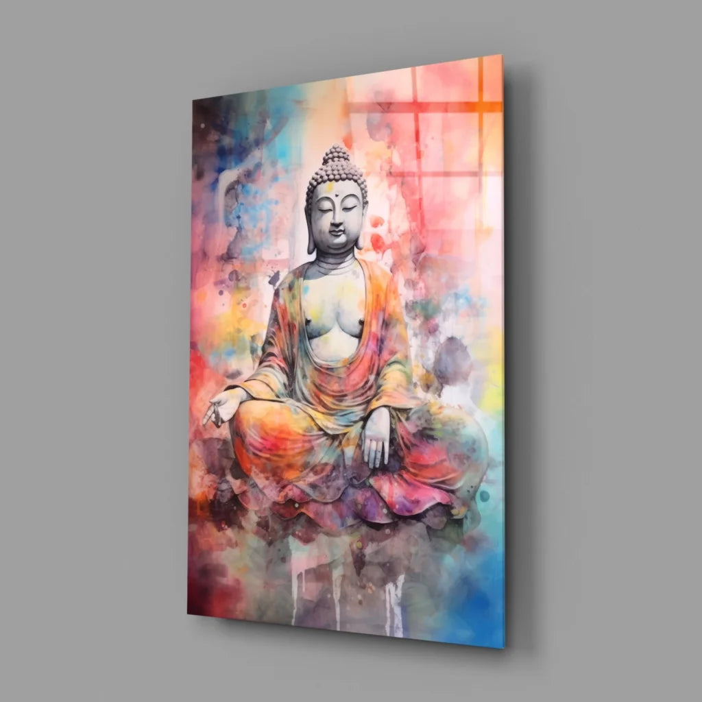Vibrant Buddha in meditation on glass wall art with watercolor hues