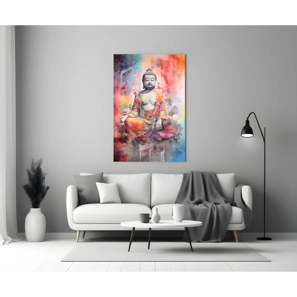 Vibrant watercolor Buddha meditating in glass wall art with orange, pink, blue hues