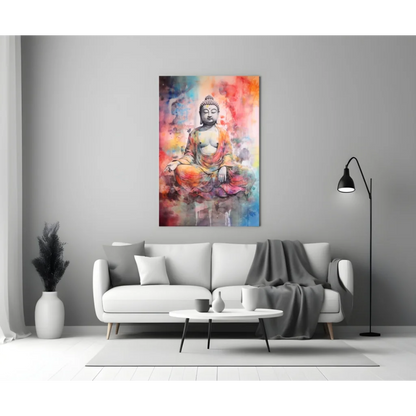 Vibrant watercolor Buddha meditating in glass wall art with orange, pink, blue hues