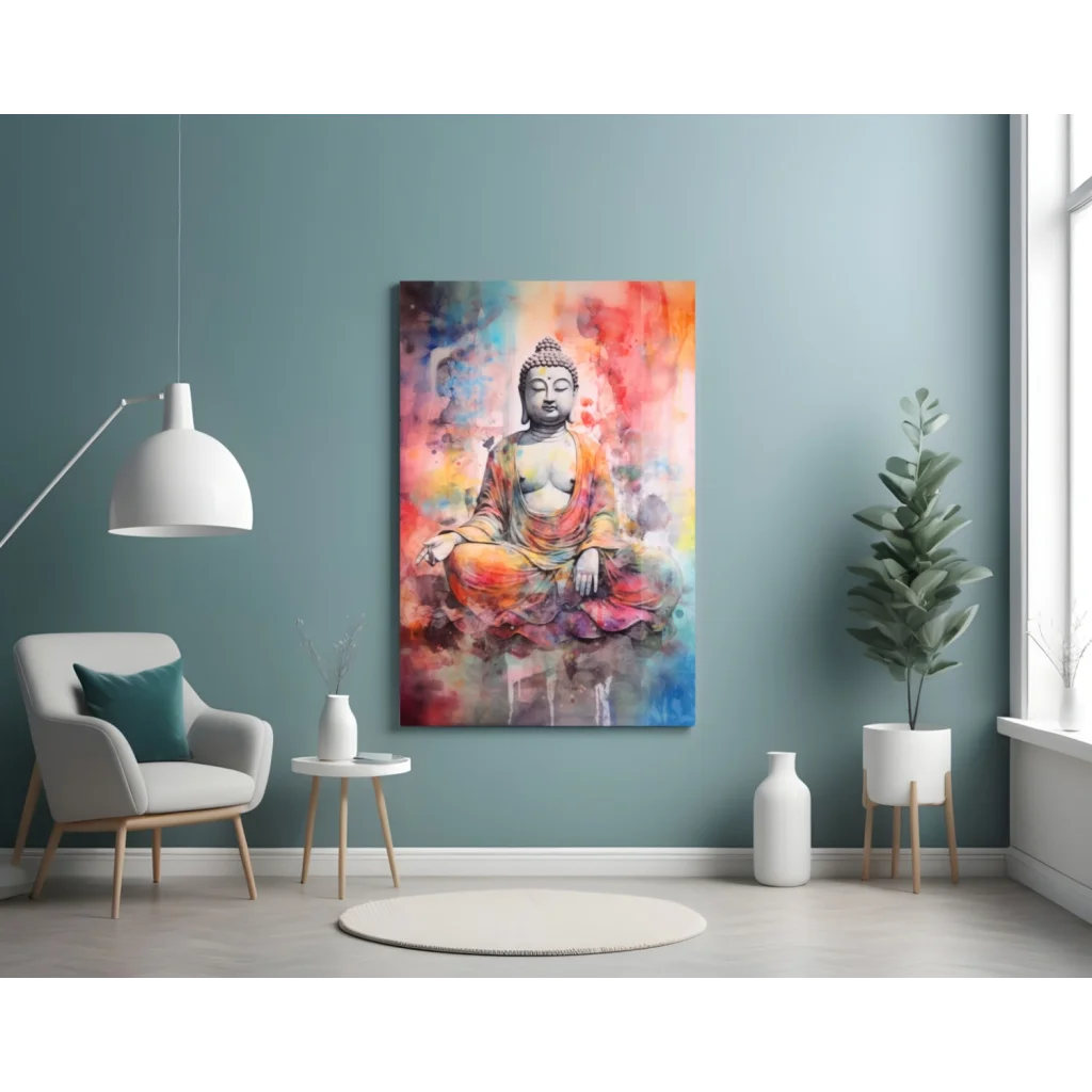 Vibrant watercolor Buddha in orange pink blue on glass wall art