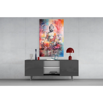Vibrant Buddha watercolor glass wall art in orange, pink, blue hues