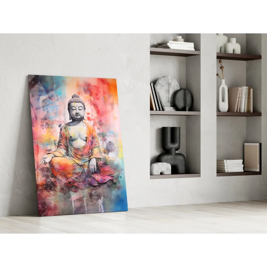 Vibrant watercolor Buddha meditating in orange pink blue on glass wall art