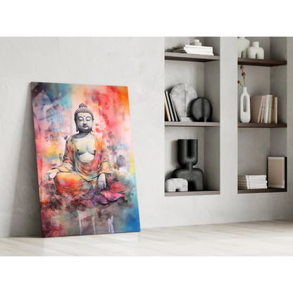 Vibrant watercolor Buddha meditating in orange pink blue on glass wall art