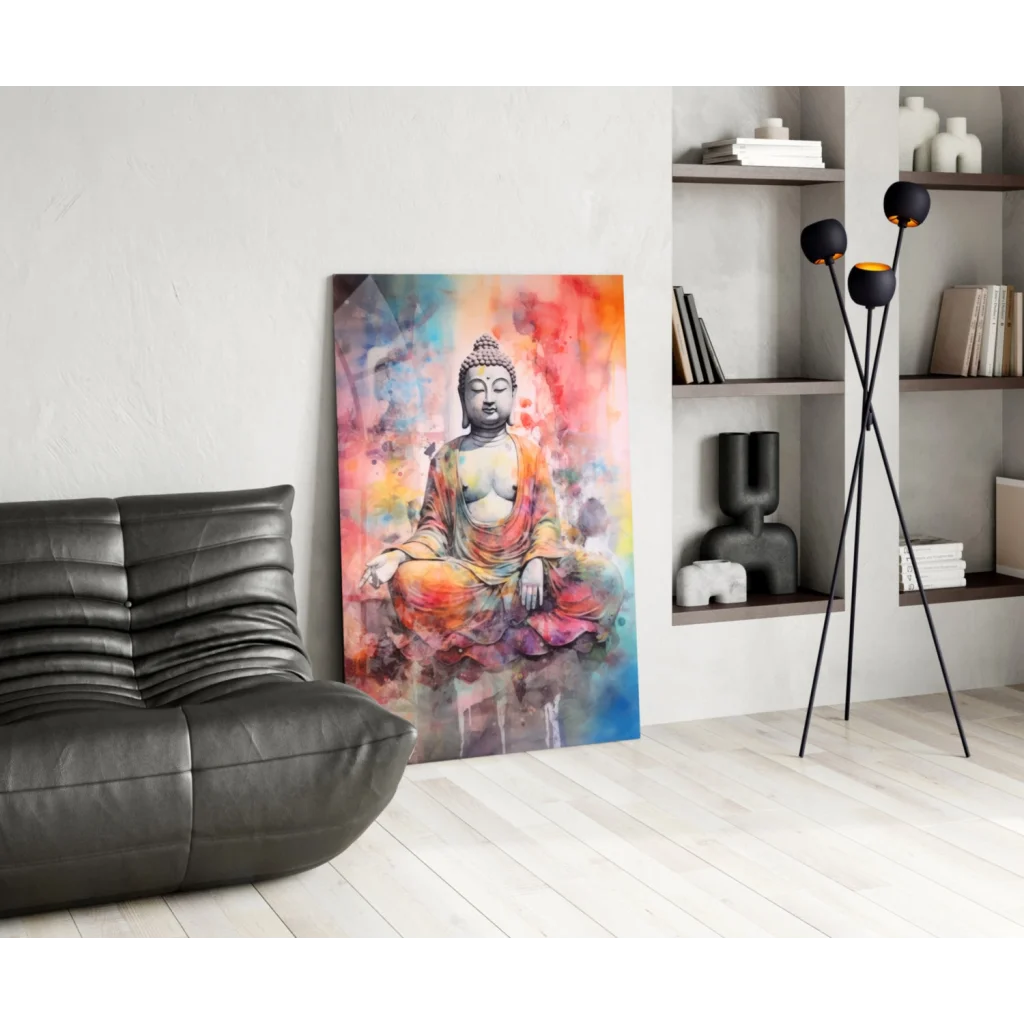 Serene Buddha in vibrant watercolor glass wall art with swirling hues