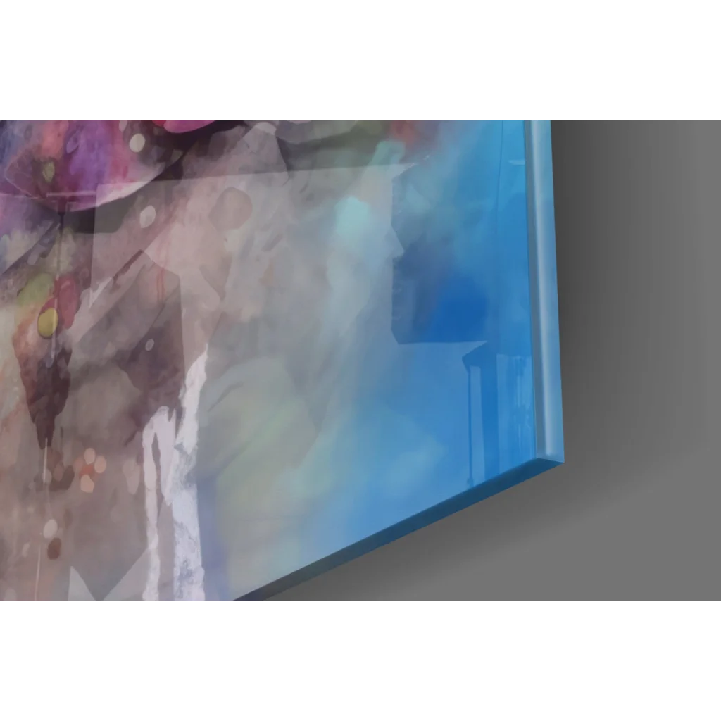 Vibrant Buddha meditation glass wall art in abstract watercolor purple blue beige hues