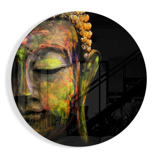 Vibrant Buddha tempered glass art with colorful paint splash and golden beads