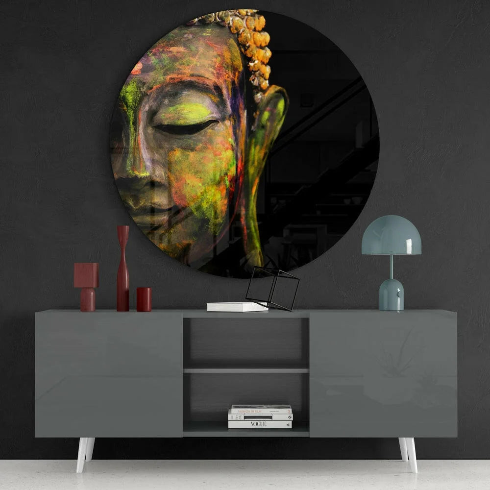 Vibrant Buddha tempered glass art with colorful paint splash