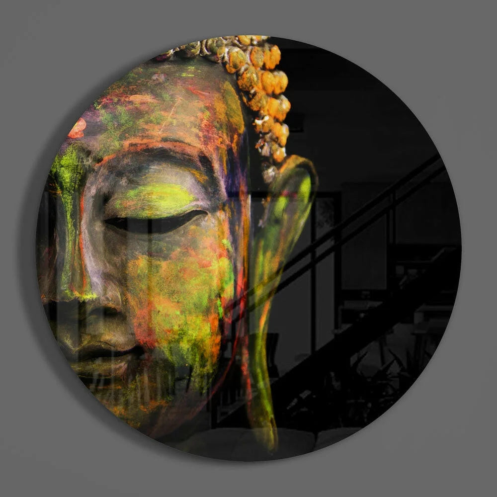Vibrant Buddha tempered glass art with colorful paint splashes