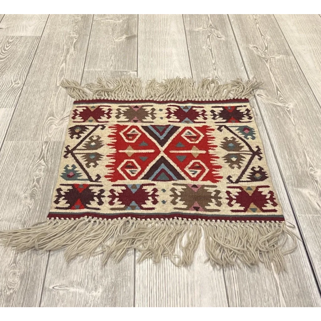 Bulgarian Kilim 2000s, bold red blue and beige geometric patterns with fringe edge, natural wool