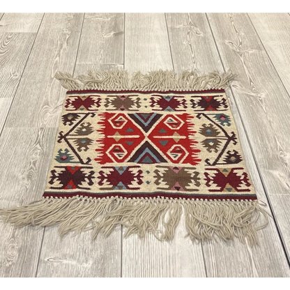 Bulgarian Kilim 2000s, bold red blue and beige geometric patterns with fringe edge, natural wool