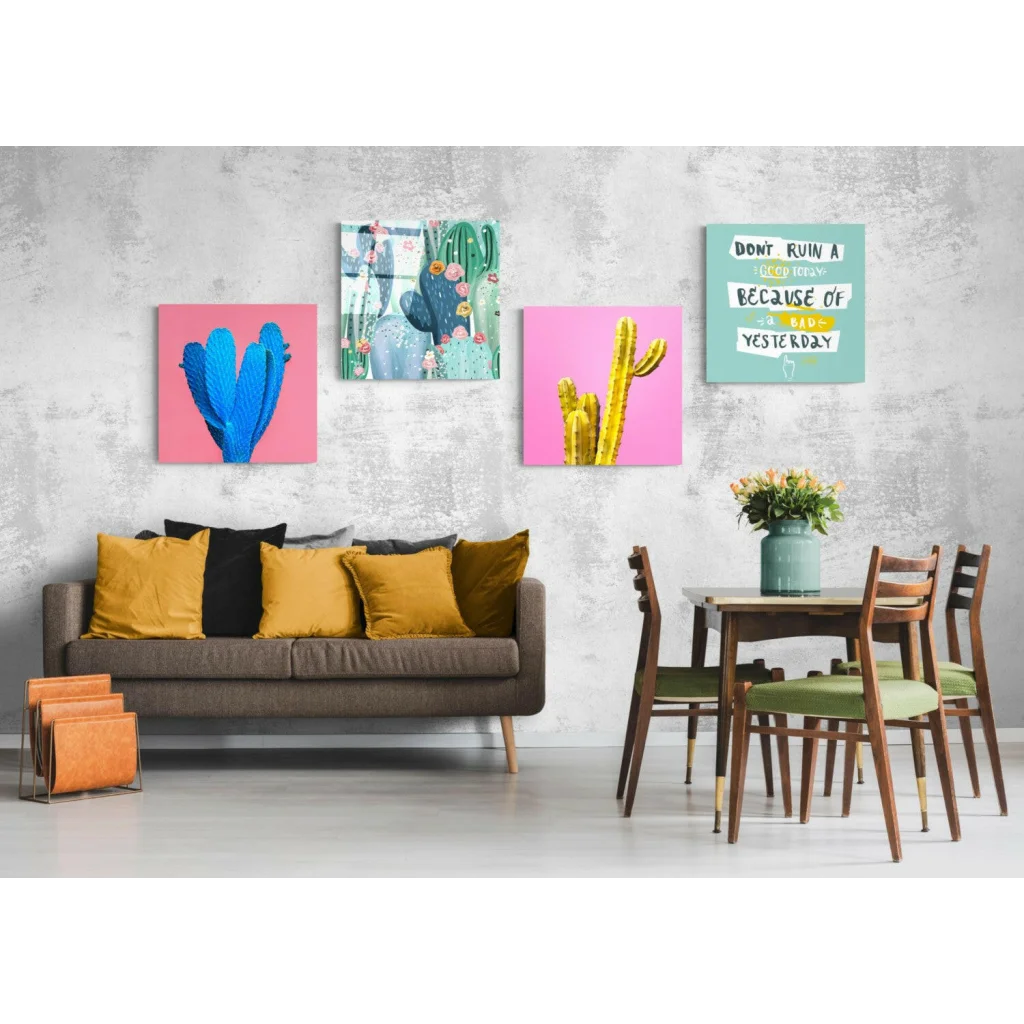 Vibrant pink teal cactus glass wall art set on textured wall