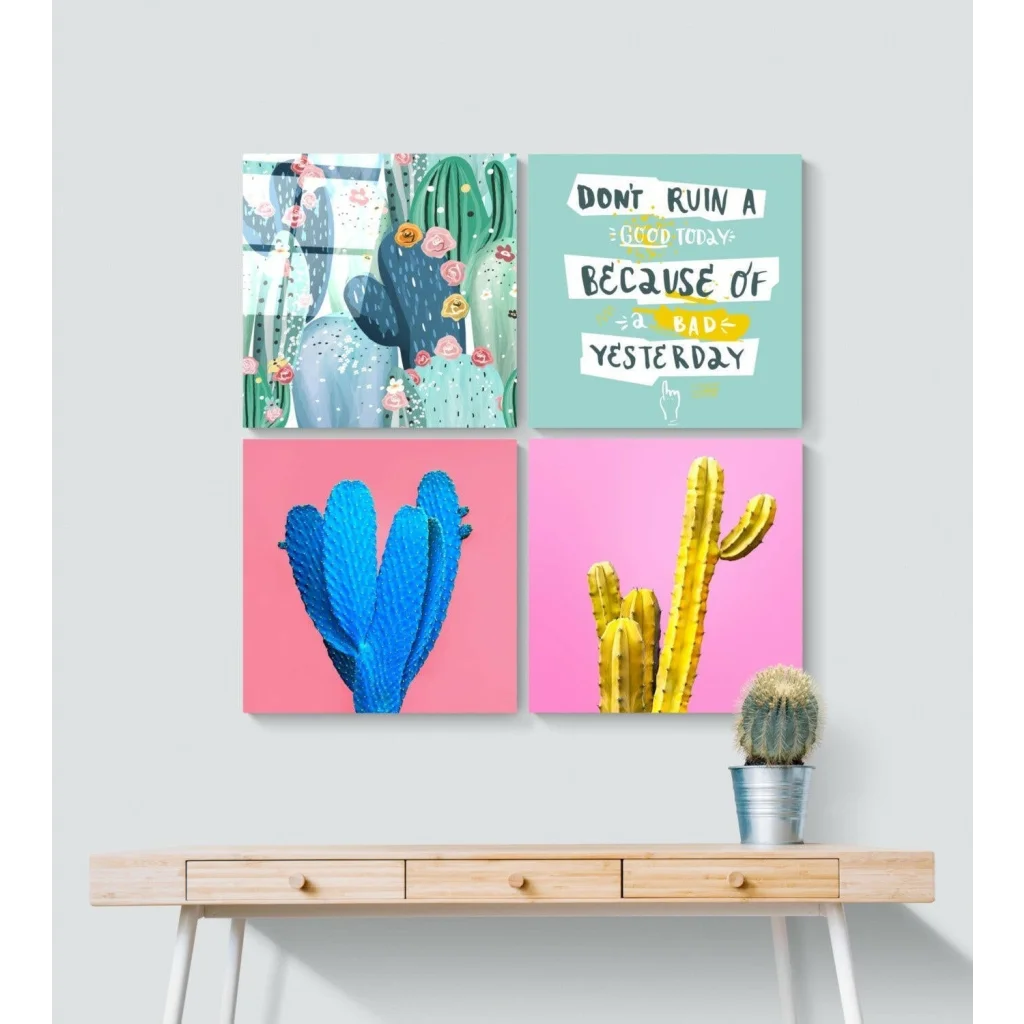 Vibrant cactus glass wall art set with colorful prints above wooden desk