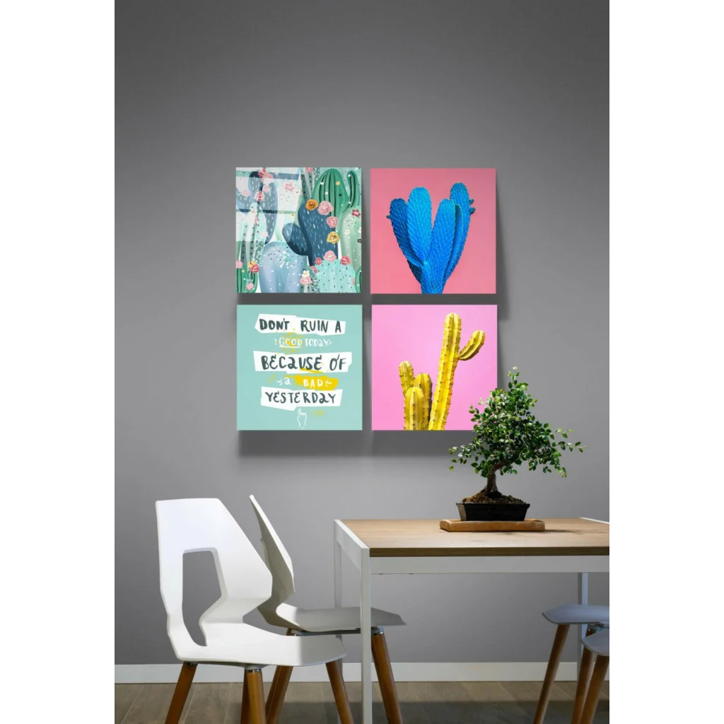 Vibrant cactus glass wall art set in pink, teal, yellow