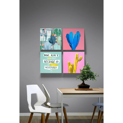 Vibrant cactus glass wall art set in pink, teal, yellow