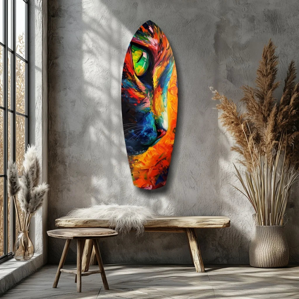 Vibrant cat tempered glass art with colorful surfboard design
