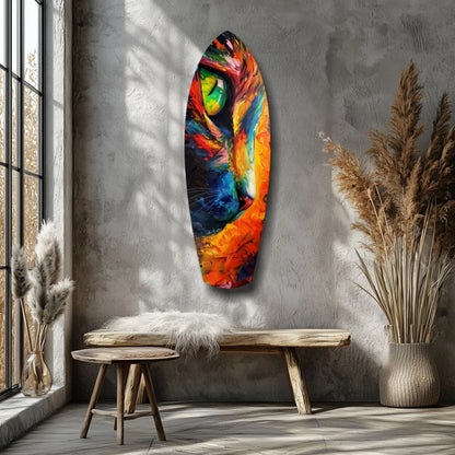 Vibrant cat tempered glass art with colorful surfboard design